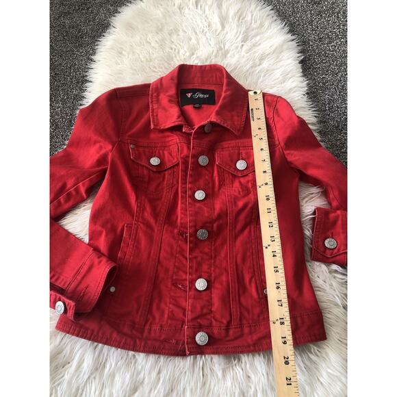 Guess Denim Jacket Womens Small Red Button Up Jean Trucker Biker H1 - Picture 2 of 8
